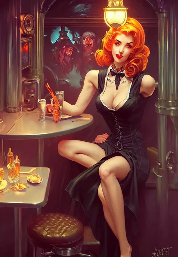 Image similar to Necromancer waitress of a small 50’s style diner serving cold drinks, fantasy magic, dark pin-up style hair, dark light night, intricate, elegant, sharp focus, illustration, highly detailed, digital painting, concept art, matte, art by WLOP and Artgerm and Greg Rutkowski and Alphonse Mucha, masterpiece