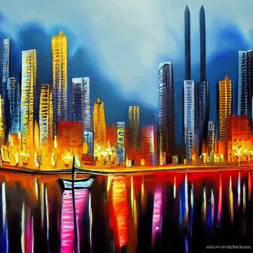 Prompt: sharp edged realistic painting of a city skyline with colorful buildings and a dark night black sky in the background