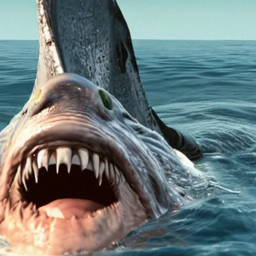 Image similar to Live Action Still of Jerma in Jaws, real life, hyperrealistic, ultra realistic, realistic, highly detailed, epic, HD quality, 8k resolution, body and headshot, film still