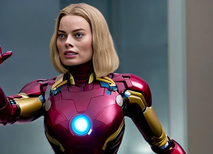 Prompt: movie still of margot robbie playing as iron man in the movie avengers, directed by russo brothers, marvel cinematic universe