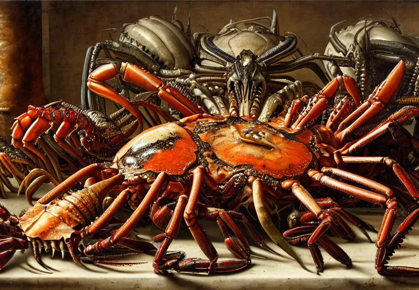 Prompt: an opulent banquet of food covered with colorful horned crabs and lobsters and scarabs. giger ’ s xenomorph. reclaimed lumber, detailed and intricate environment, hyperrealism, food photography, rembrandt