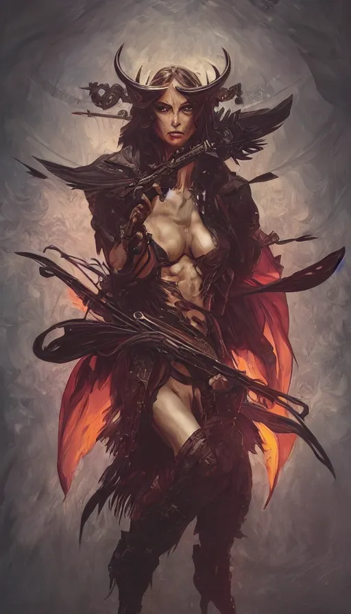 Prompt: demon hunteras a playing card, sweaty, dynamic action pose, insane, intricate, highly detailed, digital painting, artstation, concept art, smooth, sharp focus, illustration, Unreal Engine 5, 8K, art by artgerm and greg rutkowski and alphonse mucha