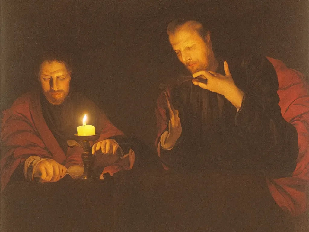 Image similar to Portrait of intense man with eyes closed, meditating at the candle light. Vase with wilted flowers. Painting by Georges de la Tour