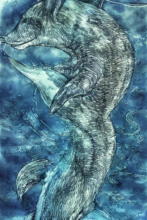 Prompt: Furry dolphin with tiger stripes, pen and ink, intricate line drawings, by Yoshitaka Amano, Ruan Jia, Kentaro Miura, Artgerm, watercolor