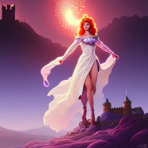 Image similar to a portrait of a fantasy female magician surrounded by magical particles stands on a hill. in the background on another hill stands a castle with mountains in the background, filled with magic, highly detailed, digital painting, artstation, smooth, sharp focus, illustration, art by artgerm and greg rutkowski and alphonse mucha