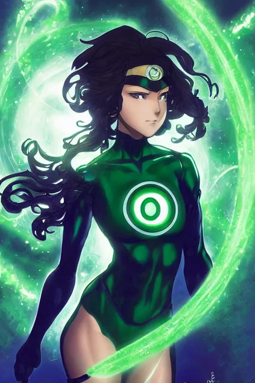 Image similar to anime key visual of a beautiful young female green lantern!! intricate, green and black suit, glowing, powers, dc comics, cinematic, stunning, highly detailed, digital painting, artstation, smooth, hard focus, illustration, art by artgerm and greg rutkowski and alphonse mucha