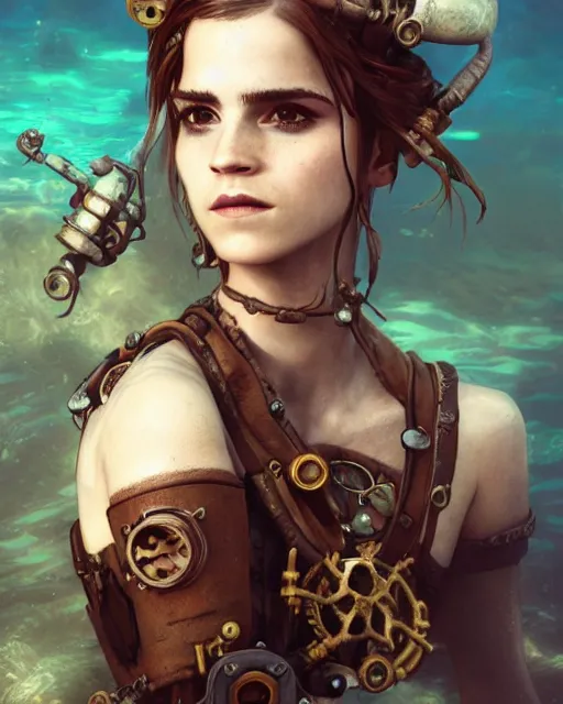 Image similar to underwater steampunk pirate portrait of emma watson, au naturel, hyper detailed, digital art, trending in artstation, cinematic lighting, studio quality, smooth render, unreal engine 5 rendered, octane rendered, art style by klimt and nixeu and ian sprigger and wlop and krenz cushart.