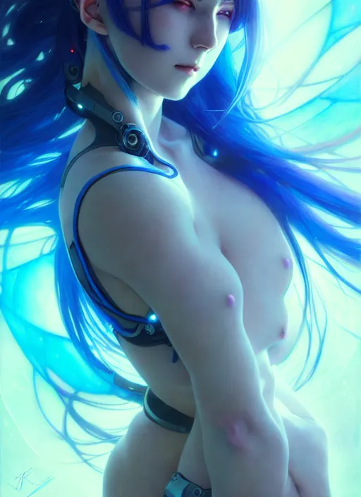 Image similar to beautiful anime cyborg woman, blue hair, blue light, diffuse lighting, fantasy, intricate, elegant, highly detailed, lifelike, photorealistic, digital painting, artstation, illustration, concept art, smooth, sharp focus, art by John Collier and Albert Aublet and Krenz Cushart and Artem Demura and Alphonse Mucha