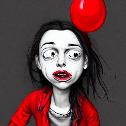 Image similar to surrealism grunge cartoon portrait sketch of billie eilish with a wide smile and a red balloon by - michael karcz, loony toons style, rick and morty style style, horror theme, detailed, elegant, intricate