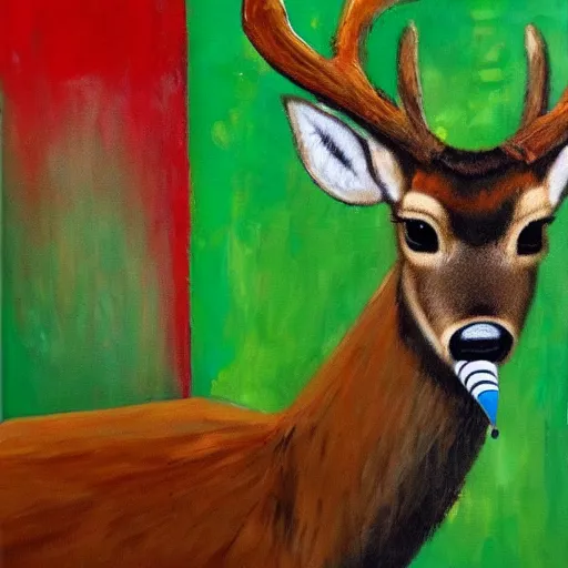 Image similar to deer with a cigarette in its mouth, artistic, painterly, expressive great contrast, brown and green, rule of thirds, dripping paint, thick strokes