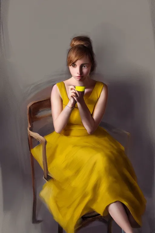 Image similar to a beautiful young woman sitting alone on a chair, she is wearing a yellow dress and holding a cup of tea in both hands, her hair is tied back and she is staring straight into the camera, digital art, oil on canvas, sharp focus, soft lightning, trending on artstation