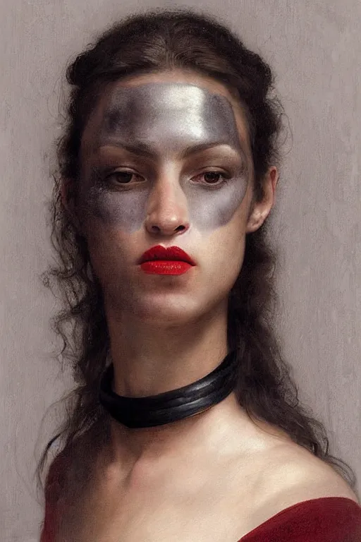 Prompt: portrait of a warrior woman, mulatto, crossbreed, metis very beautiful face, pleasant facial features, red lips, long gray hair, black closed velvet dress, leather armor, iron armor, white boots, clothes alexander mcqueen very beautiful style, photorealism, bouguereau, edgard maxence