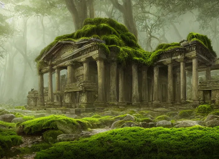 Prompt: A very detailed matte painting of mysterious ancient temple ruins overgrown with moss, lush plants, verdan trees, breathtaking, hyper-realistic, volumetric lighting, 4k resolution, digital art, trending on Artstation