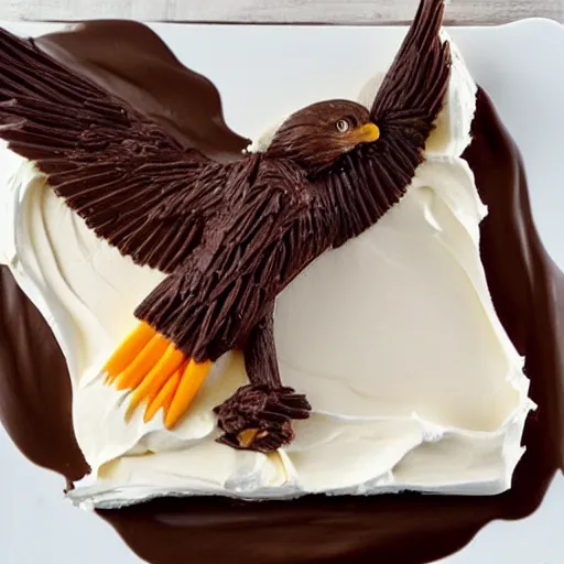 Image similar to a bald eagle made of chocolate powder, mango, and whipped cream