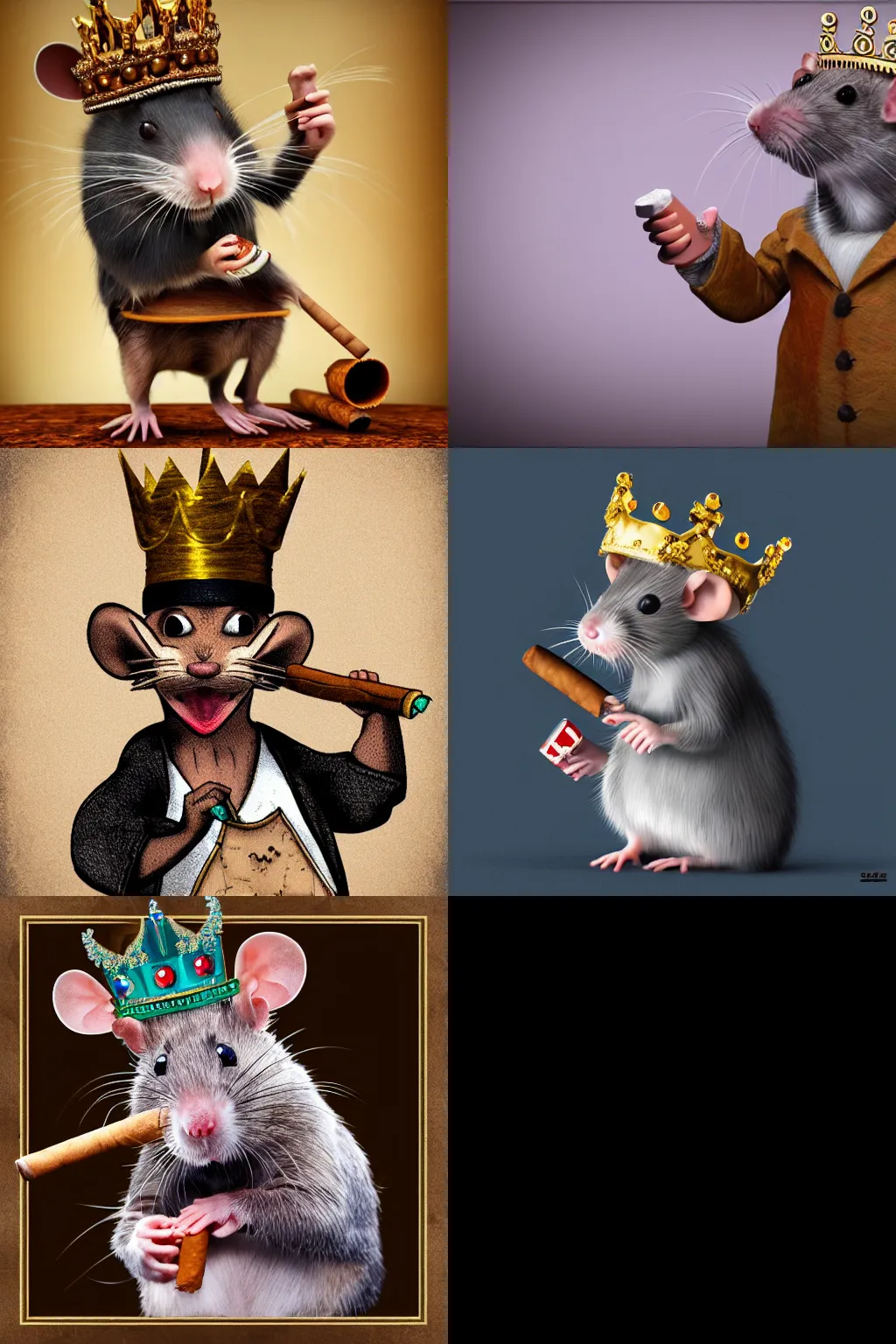 Prompt: Rat with a crown smoking a cigar, funny, realistic, 8k