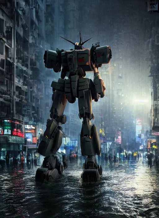 Image similar to dramatic Photorealistic, Matte Painting of a gigantic Mobile suit Mech standing in a busy post apocalyptic deep flooded Hong Kong city street at night,dark Tall buildings by Greg Rutkowski,Craig Mullins,Hyperrealism,Beautiful dramatic moody lighting,Cinematic Atmosphere,volumetric,Octane Rendering,8K