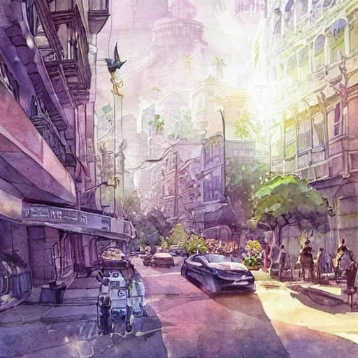 Image similar to Beautiful happy picturesque charming sci-fi city in harmony with nature. Beautiful light. Nice colour scheme, soft warm colour. Beautiful detailed watercolor by Lurid. (2022)