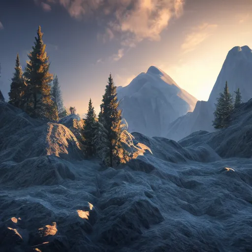 Prompt: A mountain region utilizing volumetric lighting and shading in a highly detailed render