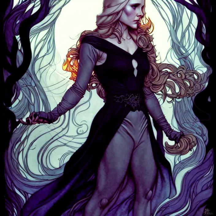 Prompt: style artgerm, joshua middleton, arthur rackham, beautiful kristen bell with black dress, very long white hair, symmetrical face, symmetrical eyes, purple fire powers fire swirling, detailed, forest setting, cinematic lighting