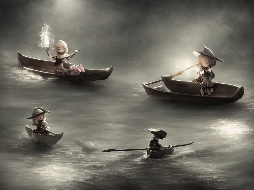 Image similar to cute fumo plush girl witch rowing a small boat through murky river water, river styx, otherworldly chibi gothic horror wraith maiden, lost in the milky void, hazy heavy swirling murky volumetric fog and smoke, moonglow, lens flare, vray