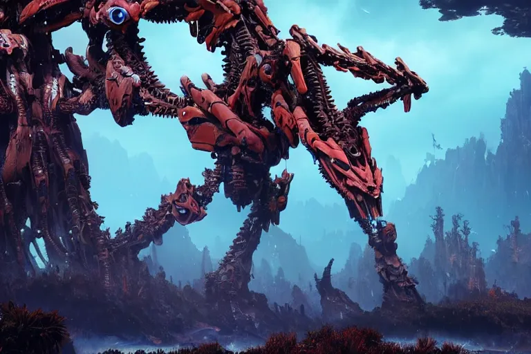 Image similar to wide epic shot. a hyper detailed fanghorn evangelion realistic mechanical and organic creature similar look as horizon forbidden west horizon zero dawn, bioluminiscence in a dark deep forest at dawn in spring, with reflection and textures, by kilian eng, substance painter reaslitic mech surface metal painted scratches, world env from horizon forbidden west horizon zero dawn