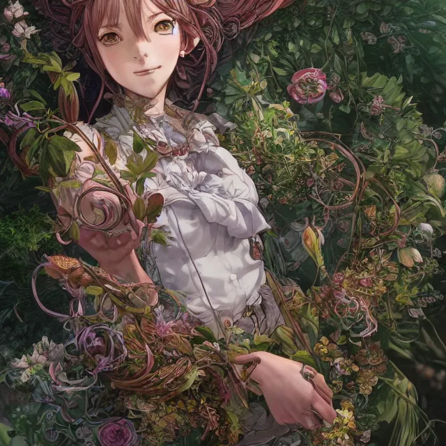 Image similar to the portrait of chaotic good female druid botanist as absurdly beautiful, gorgeous, elegant, young anime girl, an ultrafine hyperdetailed illustration by kim jung gi, irakli nadar, intricate linework, sharp focus, bright colors, octopath traveler, final fantasy, unreal engine 5 highly rendered, global illumination, radiant light, detailed and intricate environment