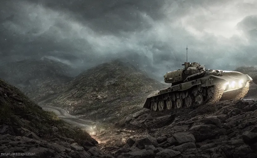 Prompt: a Leopard 2 in the mountain at night by Paul Chadeisson, blue headlights, dark image, stormy weather, landscape, military outpost, spotlights, atmospheric, artstation, concept art, illustration, sharp focus, high detail, octane render, intimidating