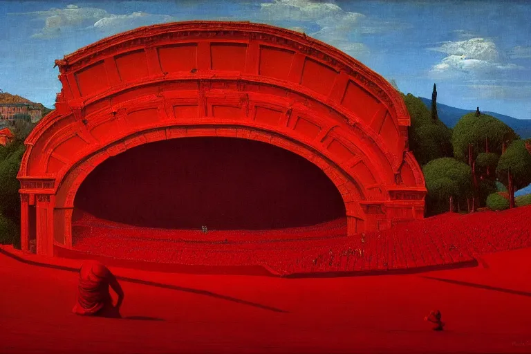 Image similar to only with red, a red melted emperor, taormina amphitheatre, crowd hails him, in the style of beksinski, parts by edward hopper, parts by rodcenko, parts by yue minjun, intricate and epic composition, red by caravaggio, insanely quality, highly detailed, masterpiece, red light, artstation, 4 k