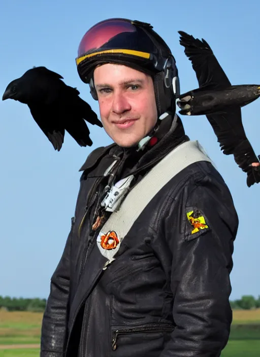 Image similar to a jet pilot with a crow head