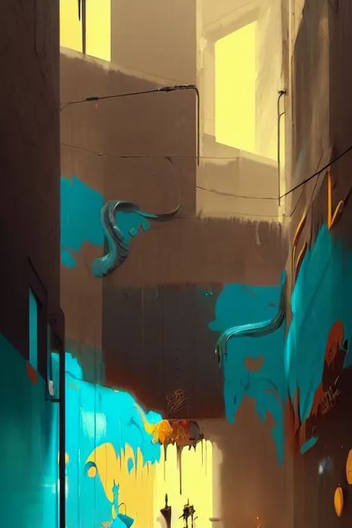 Image similar to matte painting extreme offset 3 d calligraphy graffiti mural dripping paint wall extreme maximalism by atey ghailan, by greg rutkowski, by greg tocchini, by james gilliard, by joe fenton, yellow, brown, black and cyan color scheme, octane render