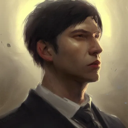 Image similar to Portrait of a man by Greg Rutkowski, he is about 30 years old, mixture between russian and chinese, short black hair, attractive, smart looking, he is wearing a black futuristic lawyer outfit, highly detailed portrait, scifi, digital painting, artstation, concept art, smooth, sharp foccus ilustration, Artstation HQ