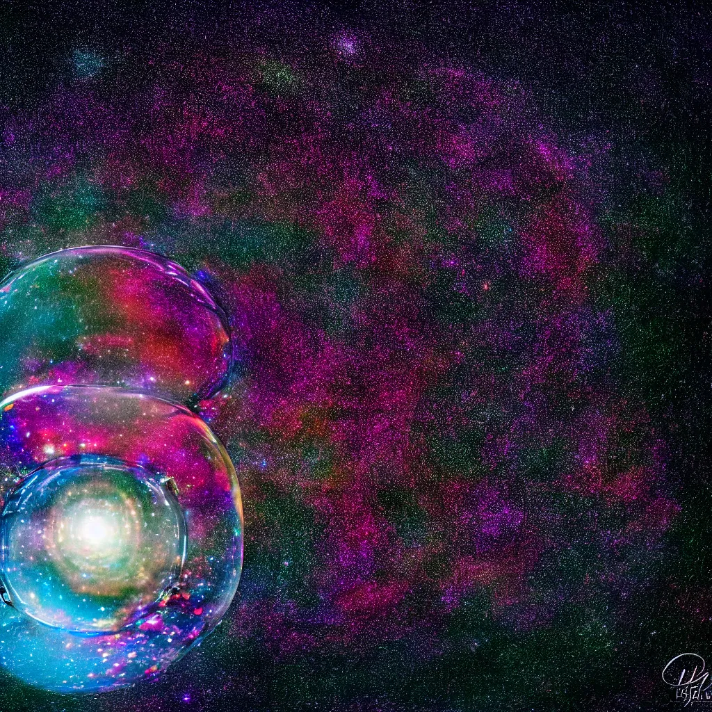 Image similar to warped universe inside a bubble on the background of a unique verse full of stars. Highly detailed 8k. Intricate. Sony a7r iv 55mm. Award winning photography.