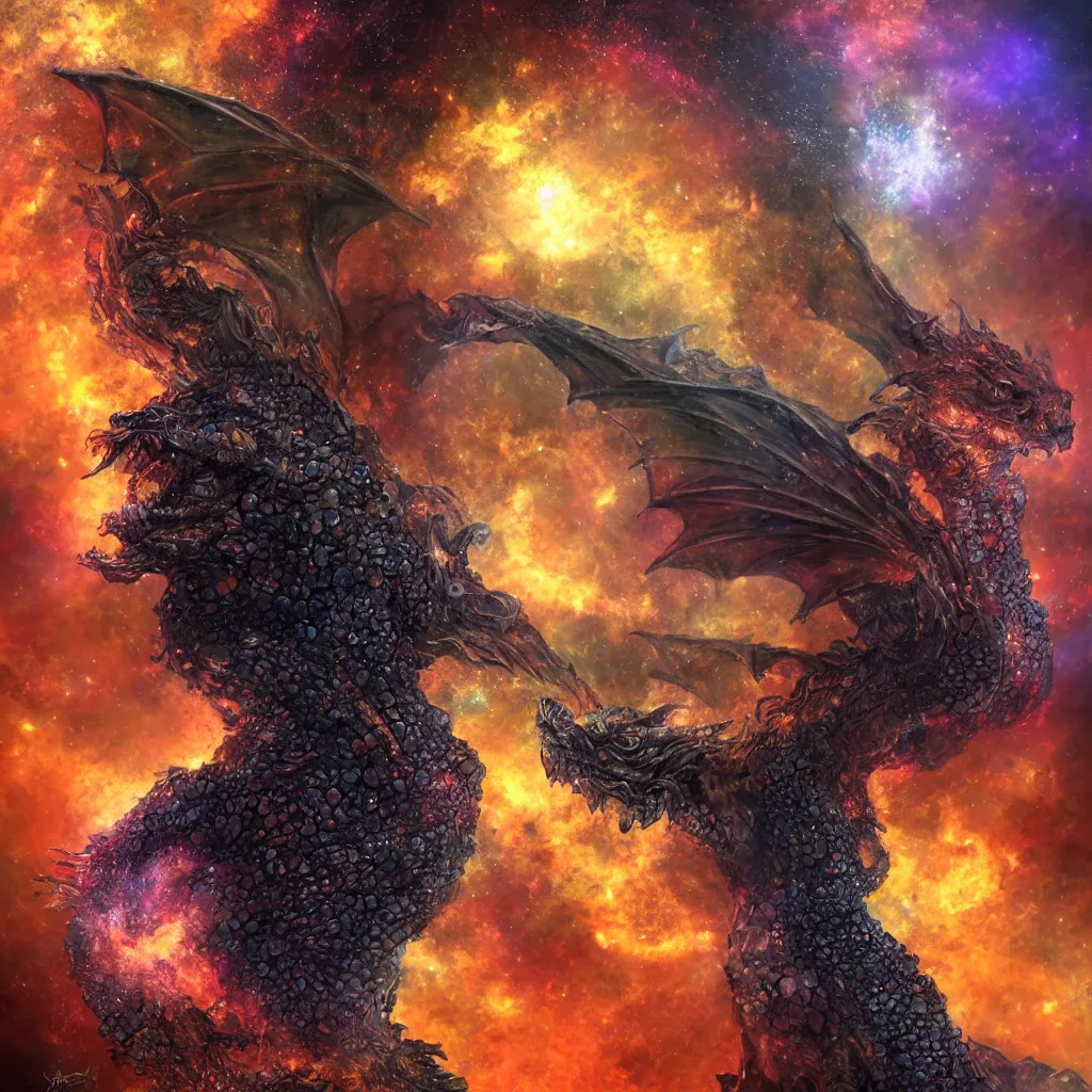 Prompt: A portrait of a dragon made of stones in a nebula explosion, trending on artstation, digital art,