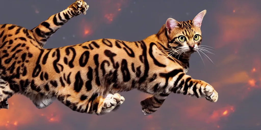 Image similar to bengal cat flying open space in space suit to the mars, cinematic, ultra realistic