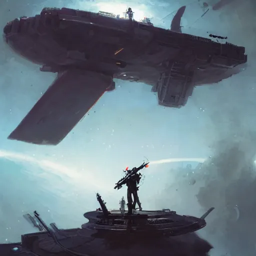 Prompt: a pirate holding a machine gun standing on top of a space ship, art by greg rutkowski