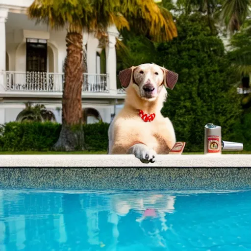 Image similar to a very detailed photo of a dog ( smoking a cigar ) outside the mansion by the pool