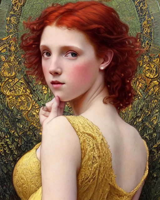 Prompt: intricate art nouveau oil painting of redheaded young millie bobby brown with long hair blowing in the wind, wearing an intricate gold lace dress, highly detailed, intricate, elegant, digital painting, smooth, sharp focus, illustration, ultra realistic, 8 k, by bouguereau, alphonse mucha, artgerm, and donato giancola