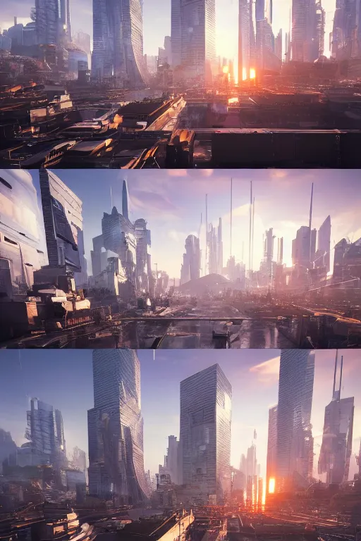 Prompt: cyberpunk cityscape like tokyo nework with tall buildings at dusk golden hour cinematic lighting, epic composition. A golden daylight, hyper-realistic environment. Hyper and intricate detail, photo-realistic. Cinematic and volumetric light. Epic concept art. Octane render and Unreal Engine, trending on artstation