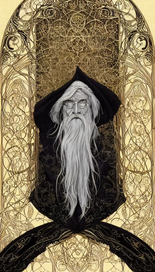 Prompt: one old man with white beard wore a black cloak, a black cloak and a white beard, highly detailed, very intricate, art nouveau, gold filigree, left right symmetry, tarot concept art watercolor illustration by mandy jurgens and alphonse mucha and alena aenami, featured on artstation