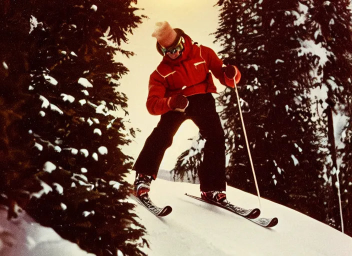 Image similar to a 2 8 mm macro kodachrome photo of one man skiing in the swiss alps in the 1 9 5 0's, bokeh, canon 5 0 mm, cinematic lighting, film, photography, golden hour, depth of field, award - winning