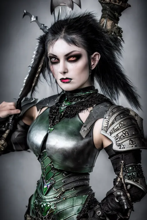 Image similar to very beautiful female orc top model, dark green hair and skin, wearing valentin yudashkin gothic victorian armor with blades and swords, luxury materials, symmetrical, cinematic, elegant, professional studio light, real dlsr photography, sharp focus, 4 k, ultra hd, sense of awe, high fashion