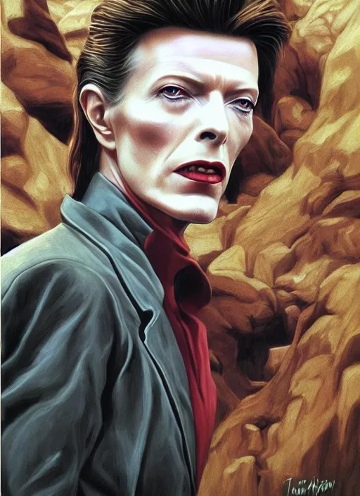 Image similar to twin peaks poster art, portrait of david bowie arriving in tweak peaks, by michael whelan, rossetti bouguereau, artgerm, retro, nostalgic, old fashioned