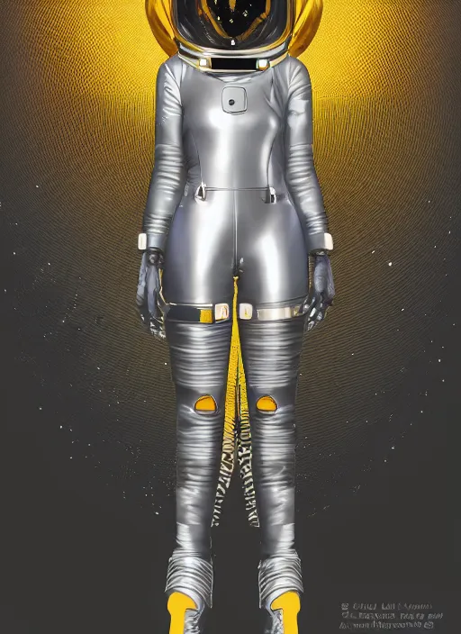 Image similar to cyber glam noun astronaut jumpsuit, helmet removed, the expanse, sci fi, futuristic, detailed illustration, digital art, trending on artstation, soft ambient lighting, volumetric lighting, rim lighting, photorealism, canon 5 d, yoshitaka amano, alphonse mucha, arney freytag, maxfield parrish, new art nouveau