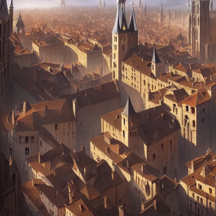 Prompt: matte painting by marc simonetti, jonathan solter, greg rutkowski of a medieval french city square, masterpiece, cinematic, hyperdetailed, photorealistic, hyperrealism, architecture, aerial view,