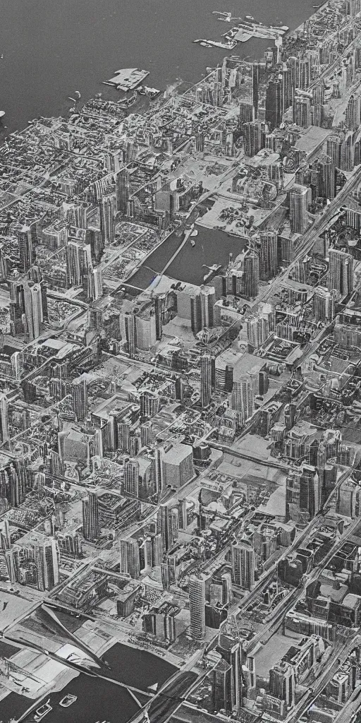 Image similar to high detail intaglio of toronto in the 1 9 7 0 s, aerial photography, 8 k hdr.