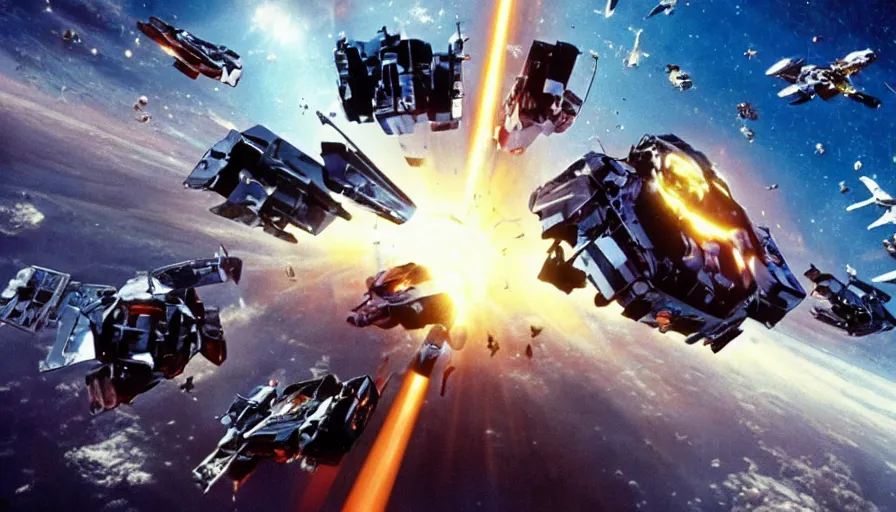 Image similar to full - color cinematic movie still from a live - action dairugger action film directed by michael bay. the scene features the science - fiction vehicles from dairugger fighting in space and joining together to form a giant robot. highly - detailed ; photorealistic ; epic.