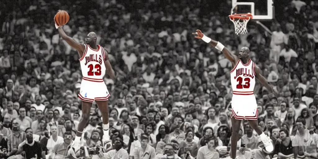 Image similar to Michael Jordan playing basketball against ghosts, 1995