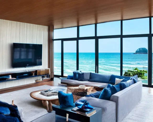Image similar to A modern living room inspired by the ocean, a luxurious wooden coffee table with large seashells on it, 100 inch television playing drake and josh, amazing detail, 8k resolution, blue color, calm, relaxed style, harmony, wide angle shot