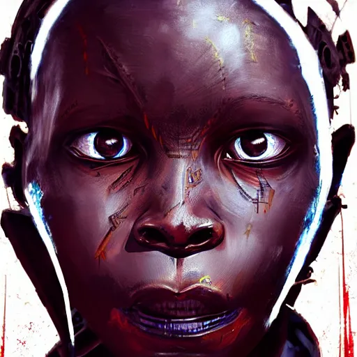 Image similar to a dark and ominous cyborg african child soldier with glowing eyes and facial scarification marks, Apex Legends character digital illustration portrait design, by android jones and greg rutkowski in a cyberpunk voodoo style, synthwave color scheme, detailed, cinematic lighting, wide angle action dynamic portrait