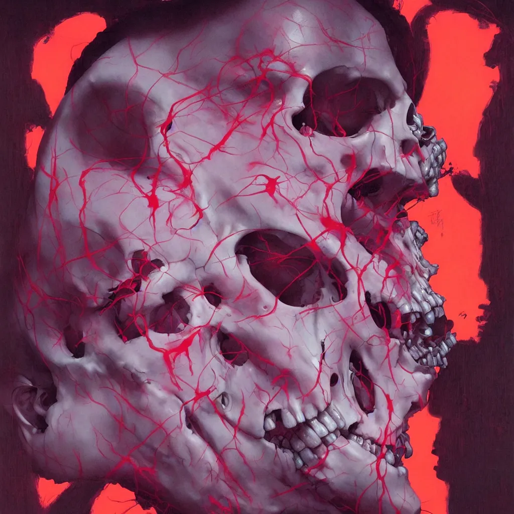 Prompt: weird and disturbing portrait of todd solondz puking blood, skull, vivid colors, neon, art by ( ( ( kuvshinov ilya ) ) ) and wayne barlowe and francis bacon and artgerm and wlop and william - adolphe bouguereau